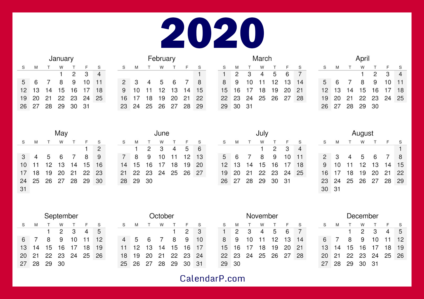 Printable Free 2020 Calendar, Horizontal, Red CalendarP Printable Free Calendars