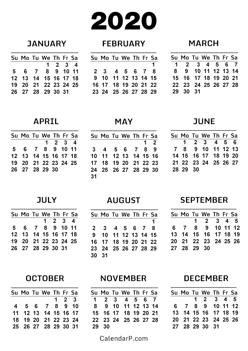 2020 Calendar Printable Free White Sunday Start Calendarp