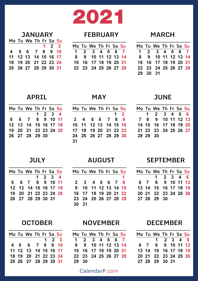 2021 Calendar, Printable Free, Blue Monday Start CalendarP