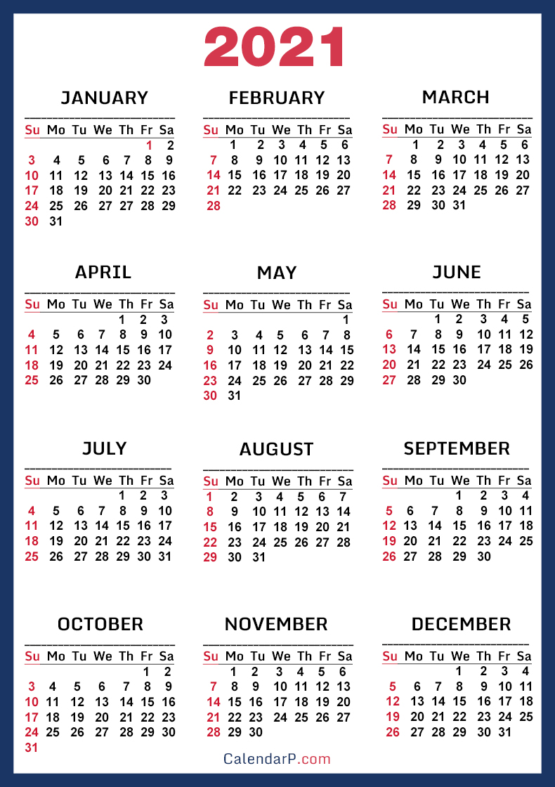 2021 Calendar Printable Free Blue Sunday Start Calendarp
