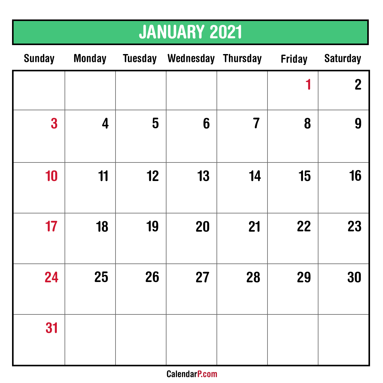 2021 Monthly Planner Printable Free Sunday Start Green
