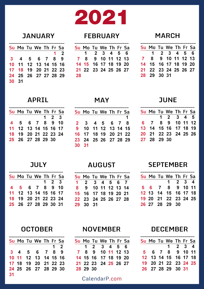 2021 Calendar With Us Holidays Printable Free Blue Sunday