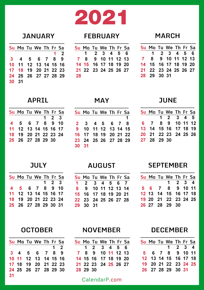 2021 Calendar With Us Holidays Printable Free Green Sunday