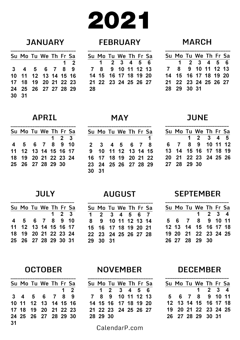 2021 Calendar Printable Free White Sunday Start Calendarp