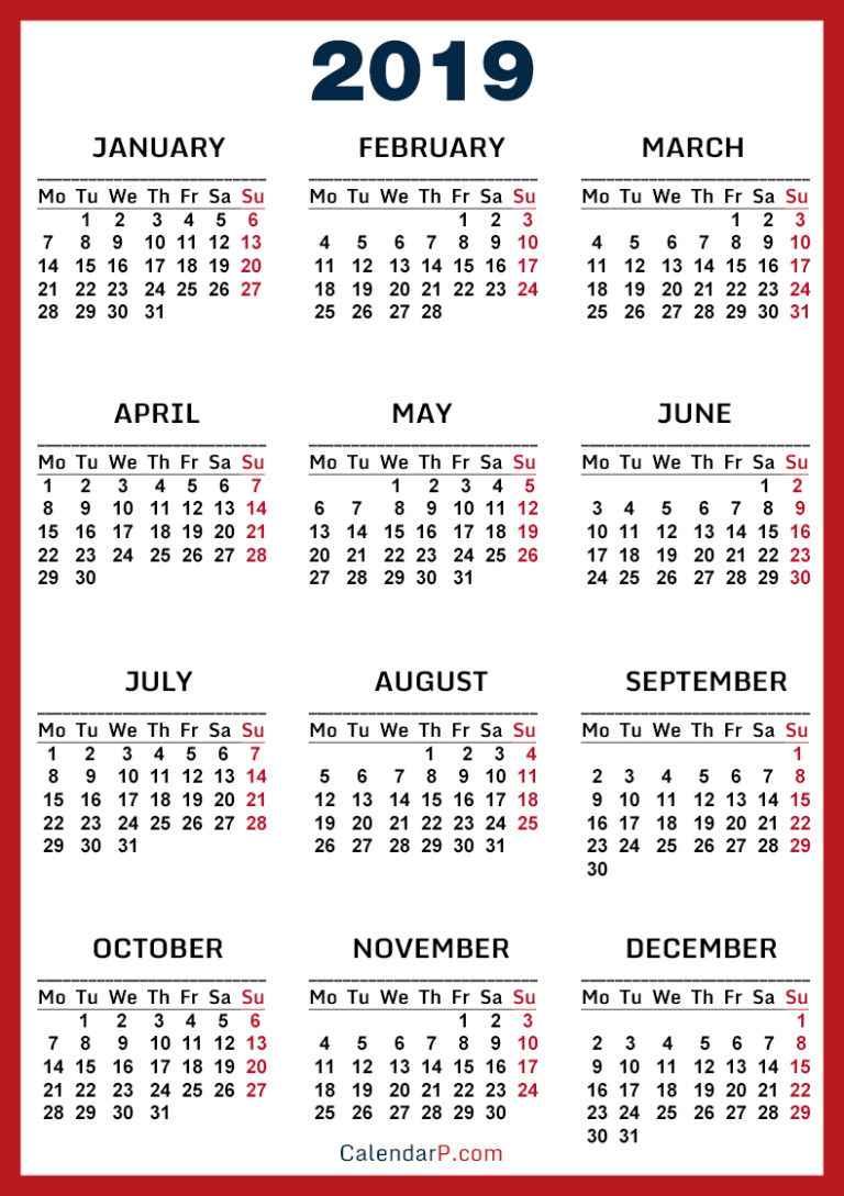 Printable Free 2019 Calendar Red Navy Monday Start CalendarP 
