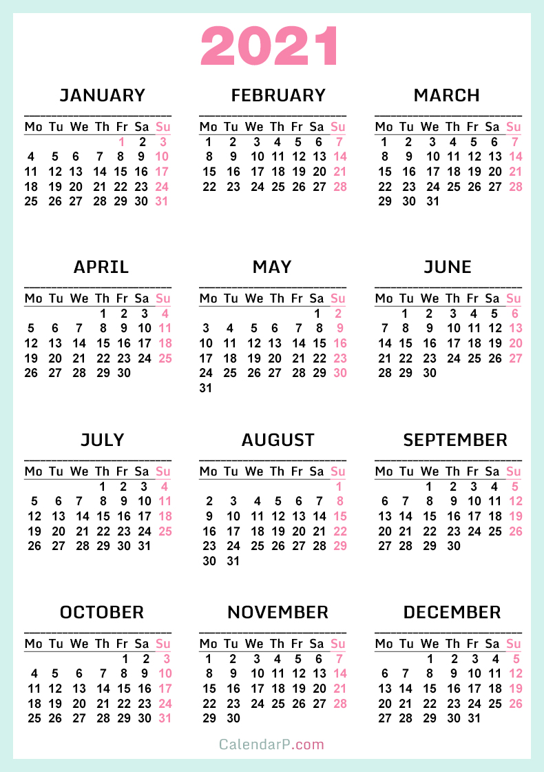 2021 Calendar, Printable Free, Baby Blue - Monday Start ...