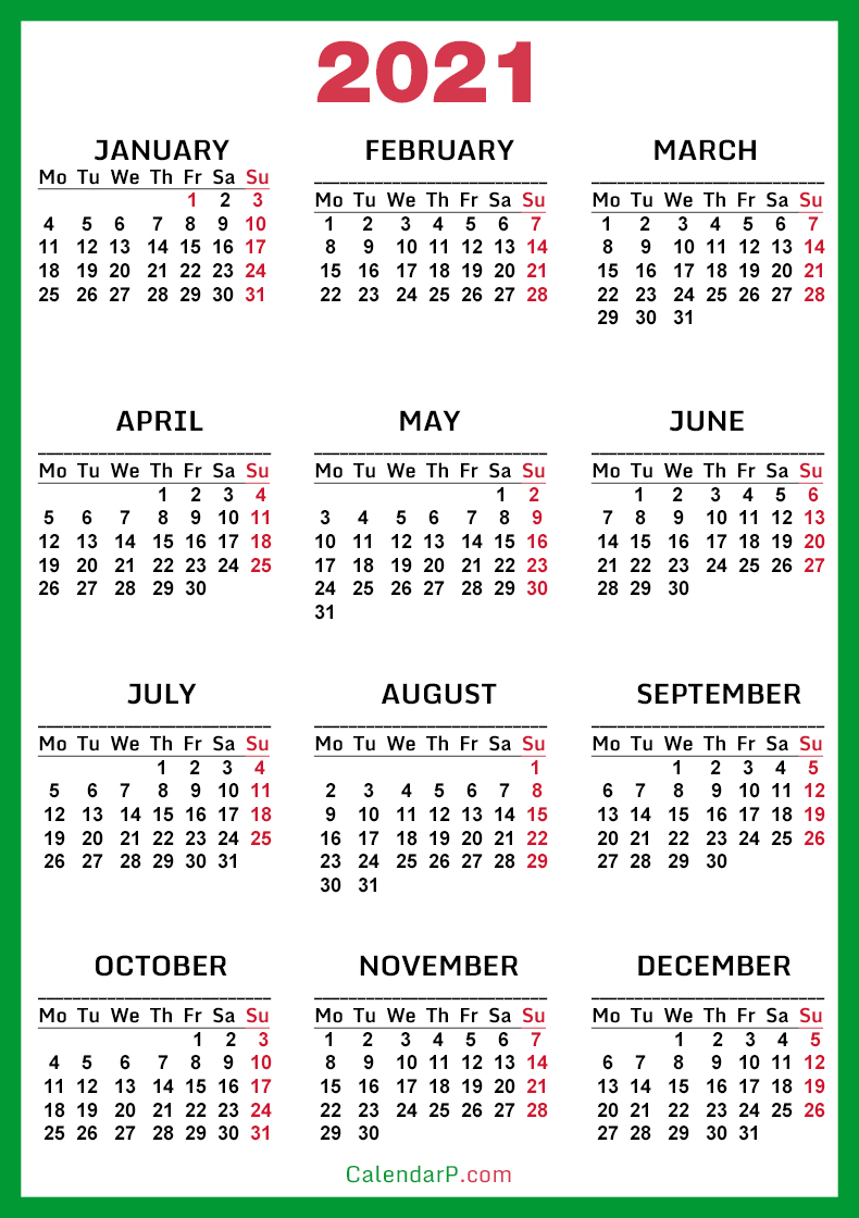 2021 Calendar, Printable Free, Green - Monday Start ...