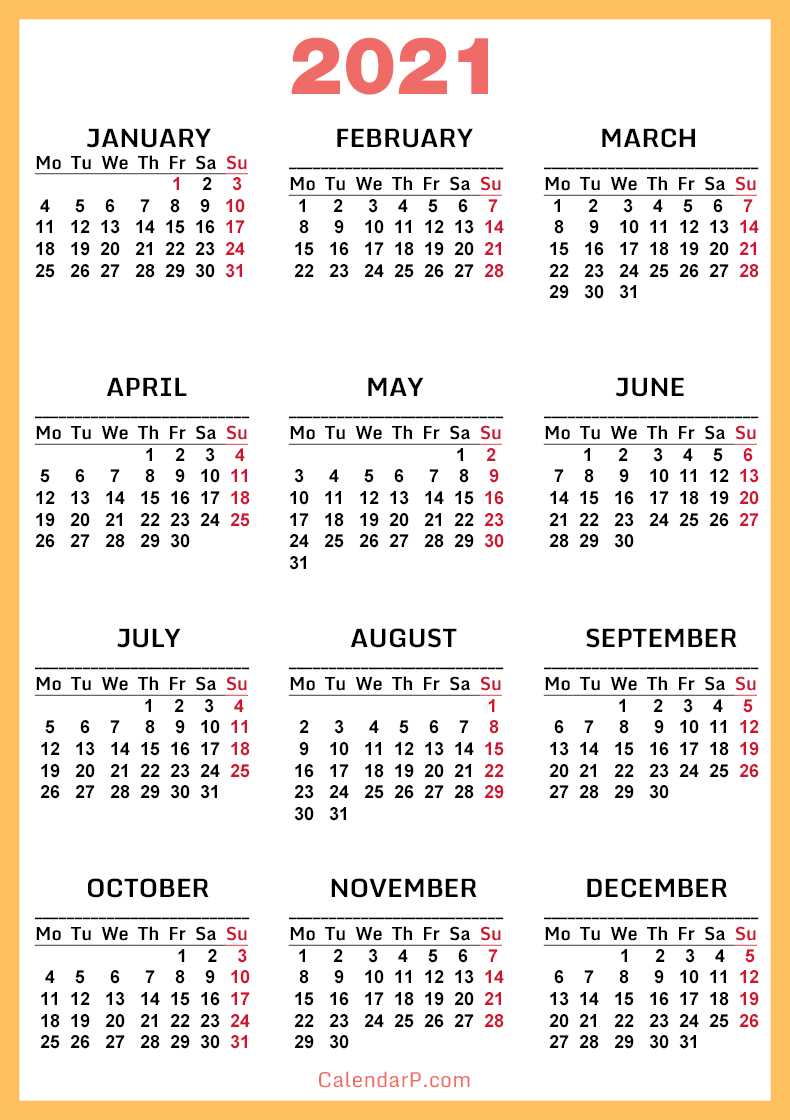 2021 Calendar, Printable Free, Orange, Yellow - Monday ...