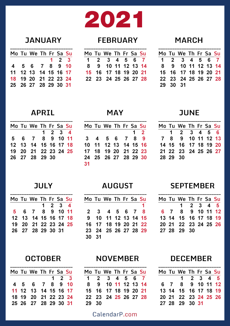 2021 Calendar with US Holidays, Printable Free, Blue ...