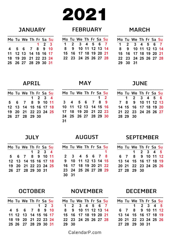 2021 Calendar, Printable Free, White - Monday Start ...