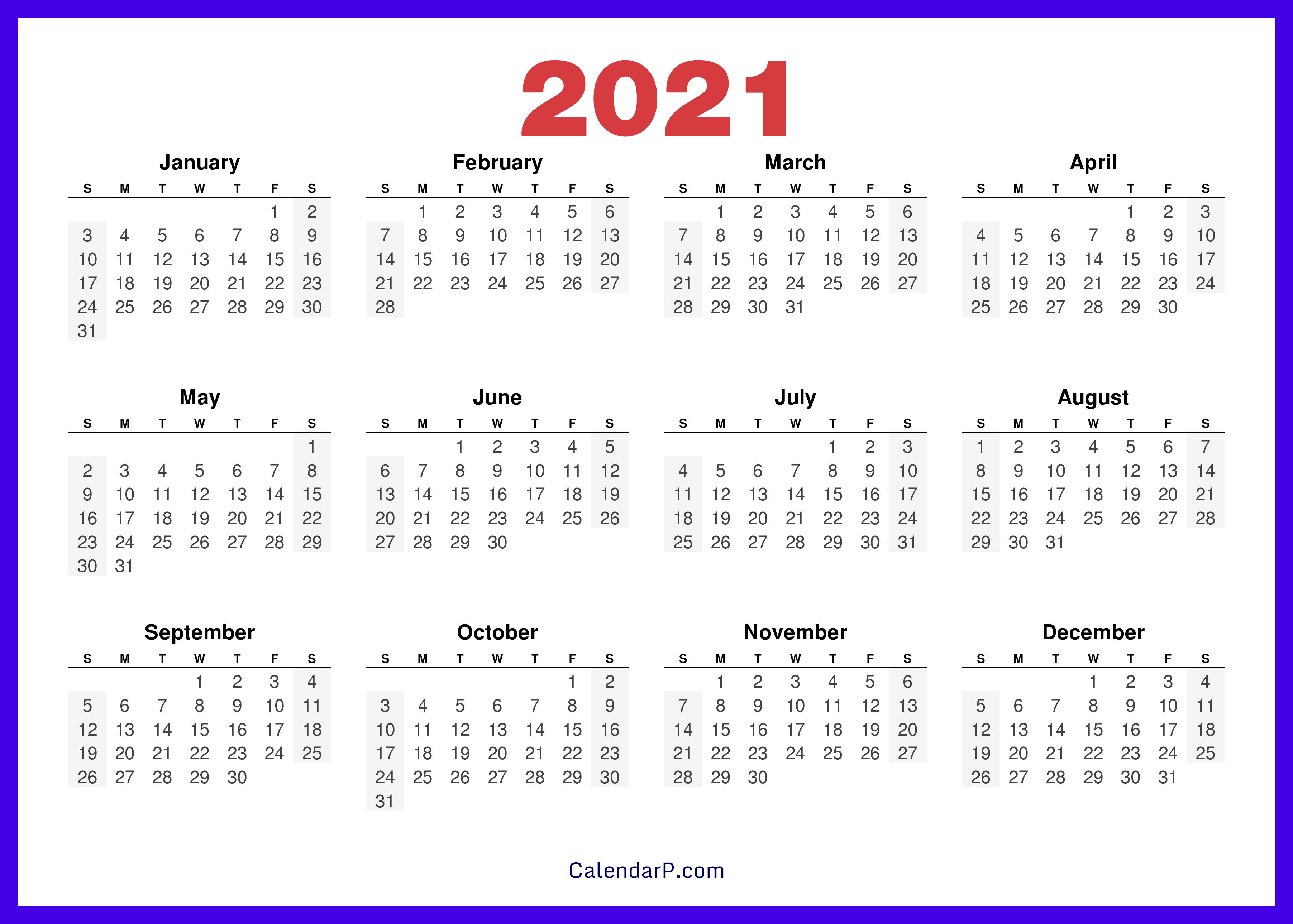 2021 Calendar Printable Free, HD - Electric Blue - CalendarP | Printable Free Calendars