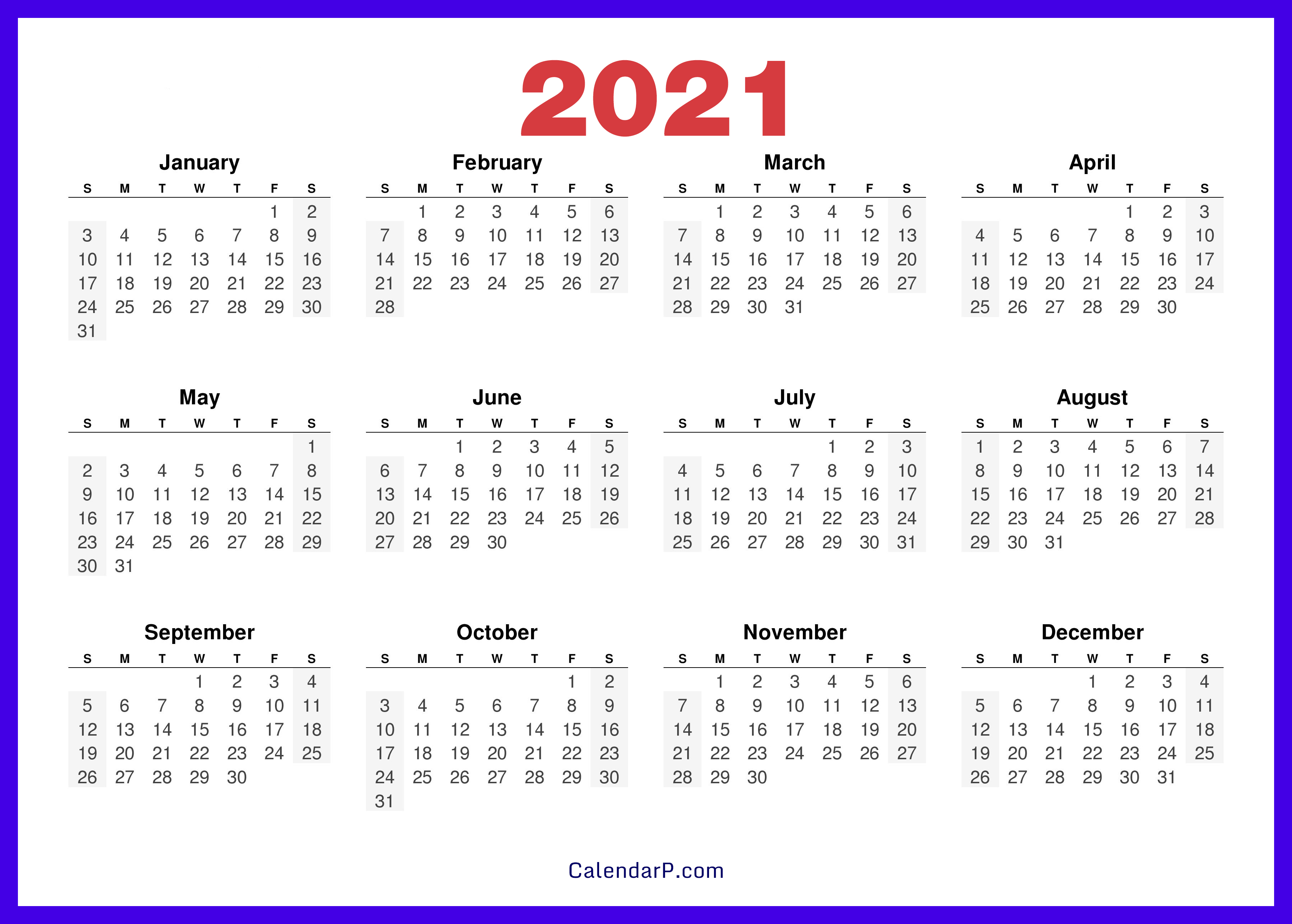 2021 Calendar Printable Free HD Electric Blue CalendarP Printables 2021 Calendar Printable Free HD Electric Blue CalendarP Printables