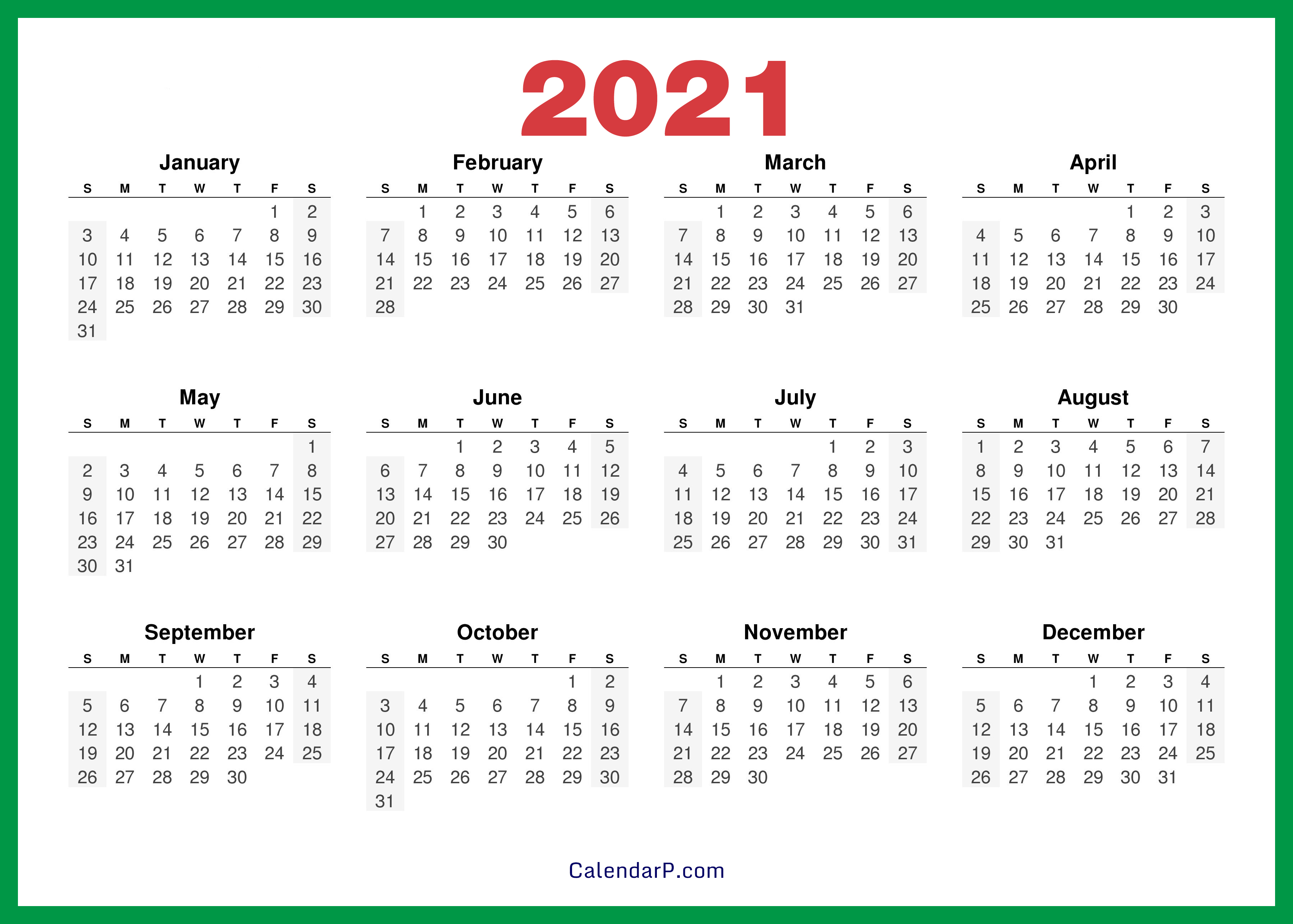 2021 Calendar Printable Free Hd Green Calendarp Printables
