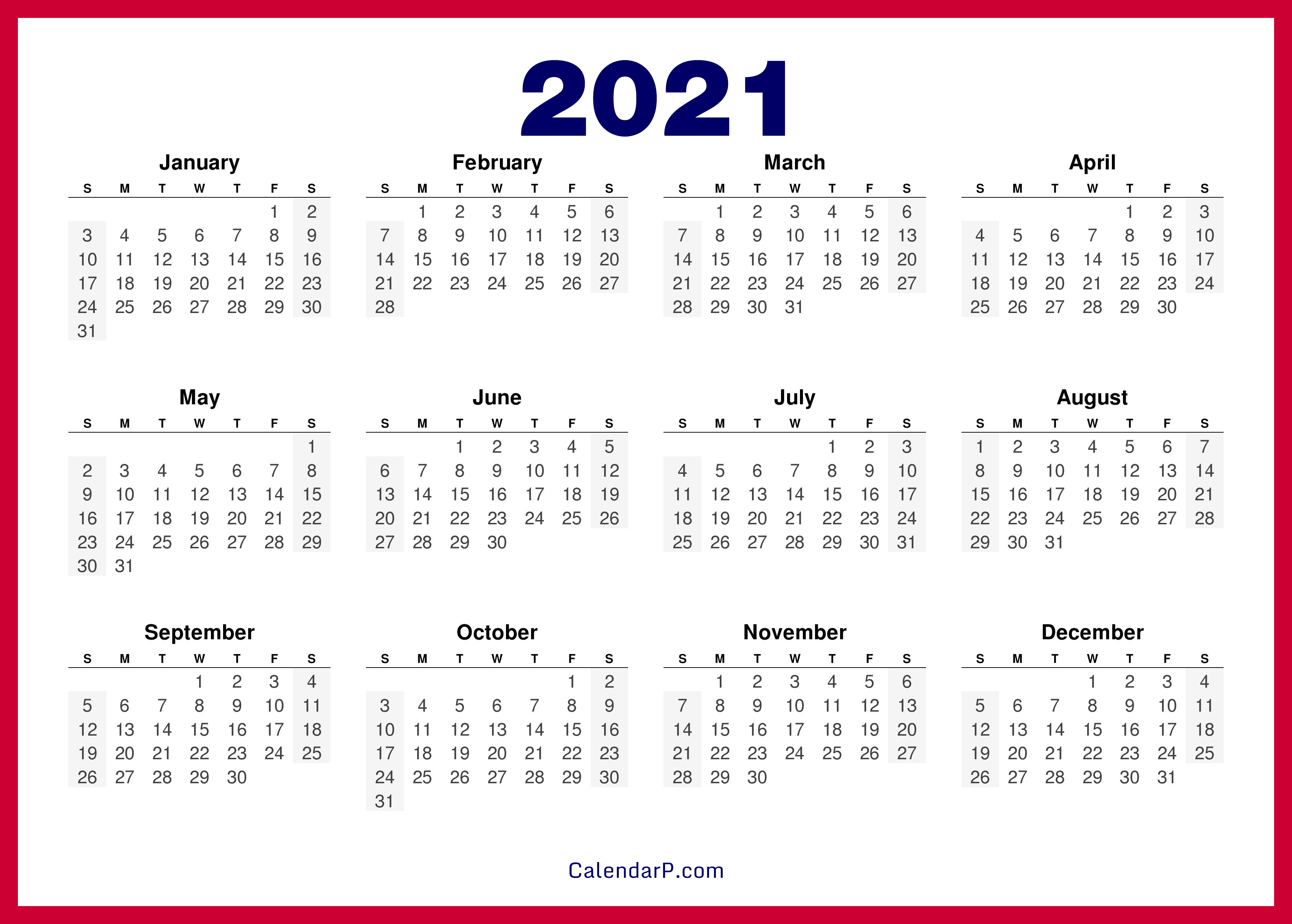 2021 Calendar Printable Free, HD - Red - CalendarP ...